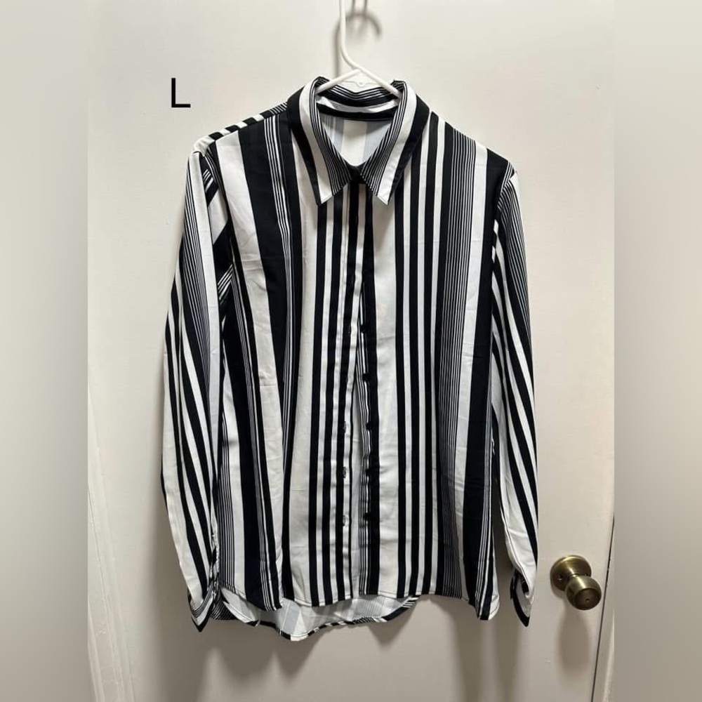 Women’s Black and White Striped Button Down Long Sleeve